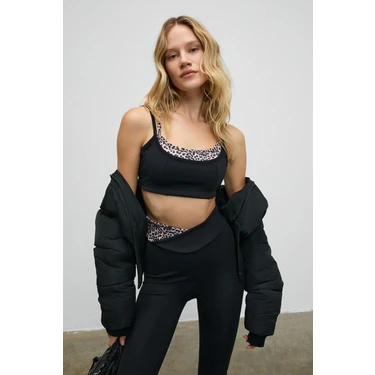 Urban Beat BLAZIX Kadın Esnek Ve Yumuşak Dokulu Leopar Kontrastlı Ayar Halkalı Askılı Siyah Spor