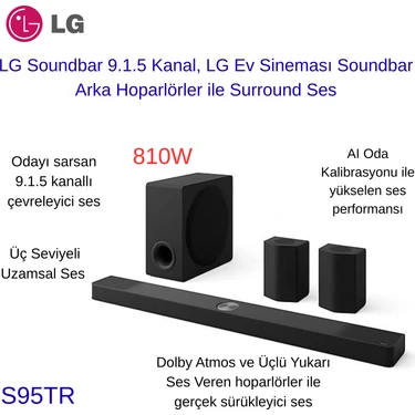 Lg Soundbar  810W, Lg Ev Sineması Soundbar, Arka Hoparlörler ile 9.1.5 Kanal, Surround Ses + 