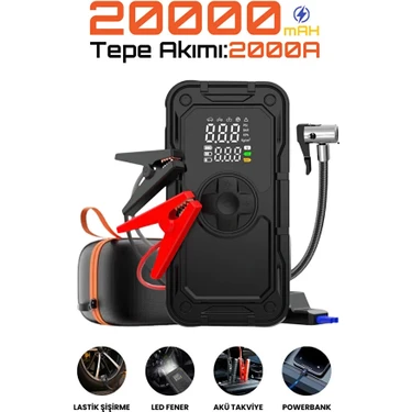 Enshall 20.000MAH Akü Takviye Cihazı Gulony Powerbank Özellikli Çantalı 2000A Tepe Akımlı Akü