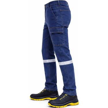 Önlem İş | Likralı Lacivert Denim Reflektörlü Iş Pantolonu – Kargo ve Kumpas Cepli Dayanıklı Işçi