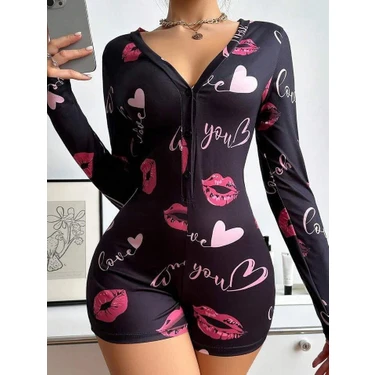 İlkyaz Fashion  Pamuklu Kırmızı Öpücük ve Kalp Desenli Düğmeli Uzun Kol Tulum