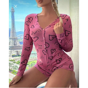 İlkyaz Fashion  Pamuklu Pembe Siyah Kalp Desenli Düğmeli Uzun Kol Tulum