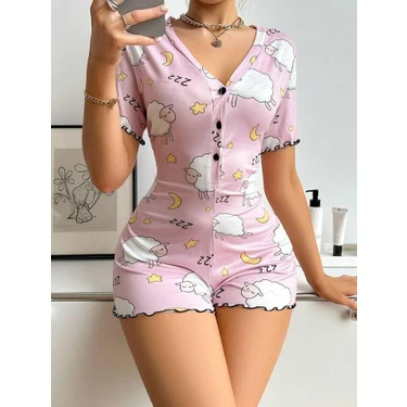 İlkyaz Fashion  Pamuklu Pembe Kuzu Desenli Düğmeli Uzun Kol Tulum