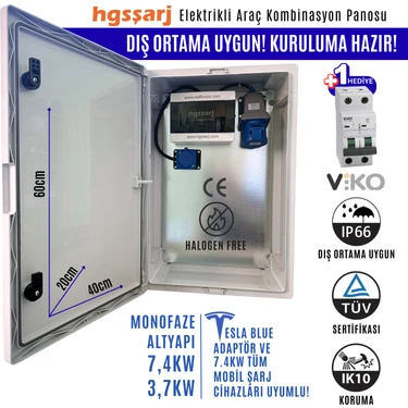 Hgsşarj "bluepan" 7,4kw 3X32A Monofaze Elektrikli Araç Kombinasyon Panosu Tesla Blue Adaptör Uyumlu