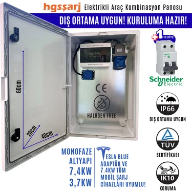 Hgsşarj "bluepan" 7,4kw Elektrikli Araç Kombinasyon Panosu, Tesla Blue Adaptör Uyumlu, Sch Neider