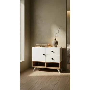 Miramob Kapaklı 2 Çekmeceli ve 2 Bölmeli Modern Başucu Sehpası Geniş Komodin Safir Meşe