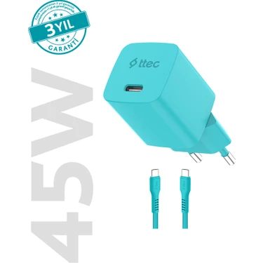 Ttec Smartcharger Gan 45W AVS Pd Seyahat Hızlı Şarj Aleti + Usb-C - Usb-C 3A 120 cm Kablo