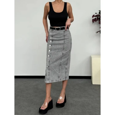 Herton Kadın Yüksek Bel Düğmeli Denim Midi Etek – %100