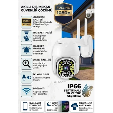 ATAsoft 360 Derece Yönlendirilebilir Wifi Akıllı  Haraket Sensörlü Takip 4x Zoom Ip Su Geçirmez Iç