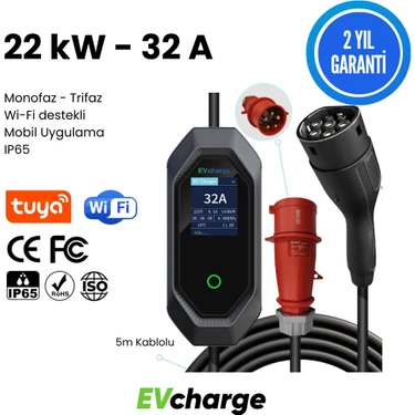 Evcharge 22 Kw Elektrikli Araç Taşınabilir Şarj Istasyonu 32A Tip-2 5X32A 5 mt Tip2(Mobil