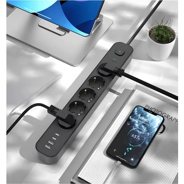 2 mt Uzatma Kablosu Çoklu Priz Yüksek Gerilim Korumalı 5'li Priz 2x USB 2x Type-C Çıkışlı
