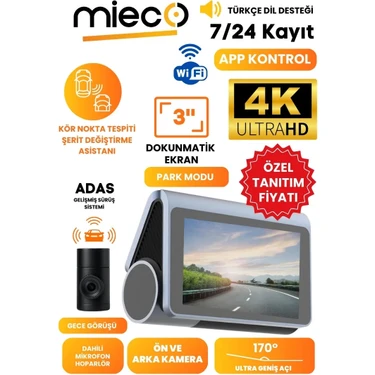 Mieco X8 Wifi 4K UHD Araç Kamerası 170° Ultra Geniş Açı Gece Görüş ve ADAS