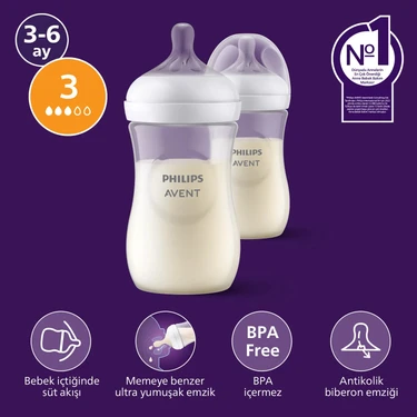 Philips Avent Doğal Tepkili 2'li PP Biberon Seti, 260ml, 3-6 Ay,