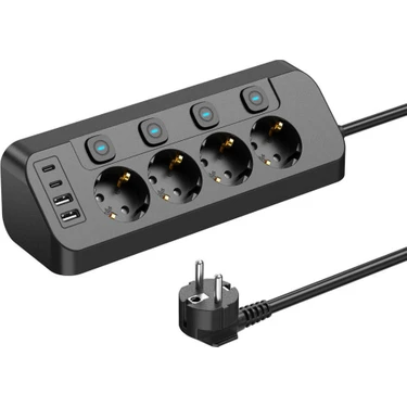 Smayling Akım Korumalı 4’lü Priz 3680W | 2 Usb-A + 2 Type-C | Bireysel Anahtarlı | Aşırı Yük & Isı
