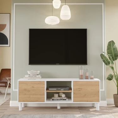 Yurupa Alessa Tv Ünitesi Sehpası 160CM Bohem Raflı Kapaklı Beyaz-Sepet