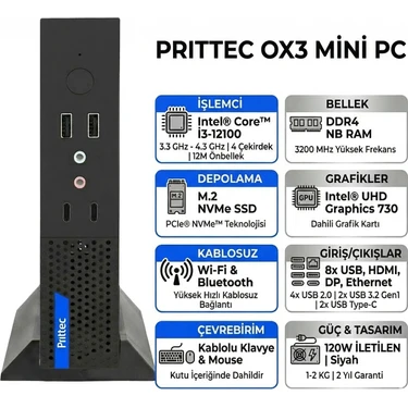 Prıttec Intel Core I3-12100 24GB 512GB SSD Windows 11 Pro Mini Pc Q7-TH610Lİ31210012