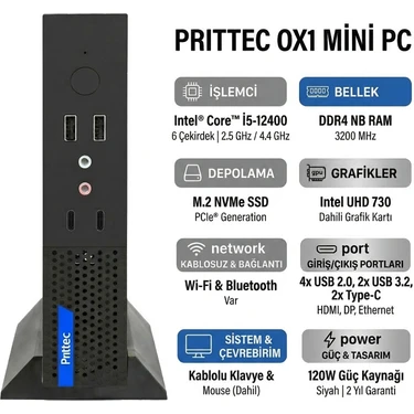 Prıttec Intel Core I5-12400 20GB 512GB SSD Windows 11 Pro Mini Pc Q7-TH610Lİ51240012
