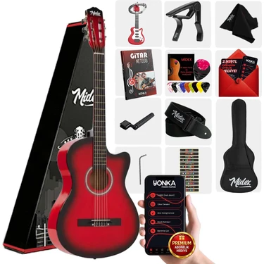 Midex CG-395RD Kırmızı Renk Kesik Klasik Gitar 4/4 Yetişkin Boy Sap Ayarlı Full