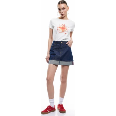 Koton Pamuklu Katlı Cepli Düğmeli Rahat Kalıp Çizgili Denim Mini