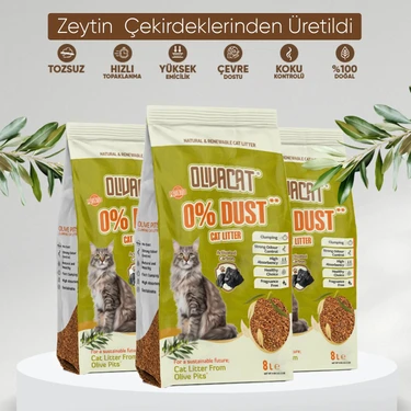Olivacat Zeytin Çekirdeğinden Üretilen Aktif Karbonlu Tozsuz Doğal Kedi Kumu 8L x 3