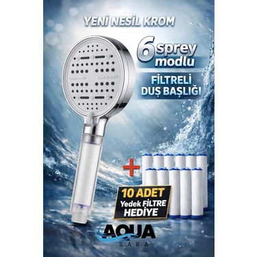 Aqua Sara 6 Fonksiyonlu Filtreli Duş Başlığı Krom Renk (10ADET Yedek Filtre)| Su Arıtmalı, Klor ve