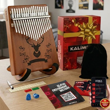 Midex KLX-456-PAK Hakiki Ağaç Geyik Desenli Kalimba 17 Tuşlu Full