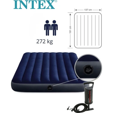 intex Çift Kişilik Şişme Yatak Ev ve Kamp Yatağı Outdor Camping Dura-Beam (Pompa Hediyeli)