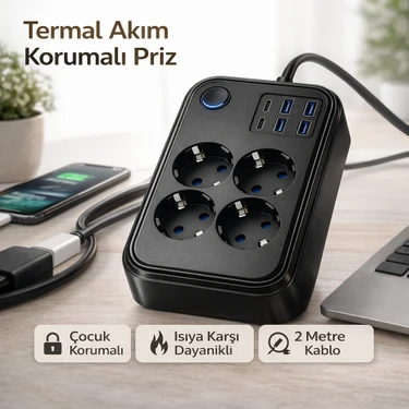 Airstorr Çoklu Priz 4’lü USB Type-C Girişli Termal Korumalı 2m Kablo Çocuk