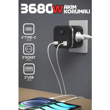 Enshall Yeni 3680W Pro Power 2xtype-C ve 2x USB Girişli Anahtarlı 3lü Çoğaltıcı Küp