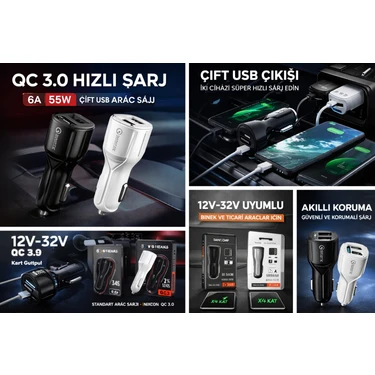 Nixcon 6A Qc 3.0 Çift USB Araç Şarj Cihazı 35W Hızlı Şarj