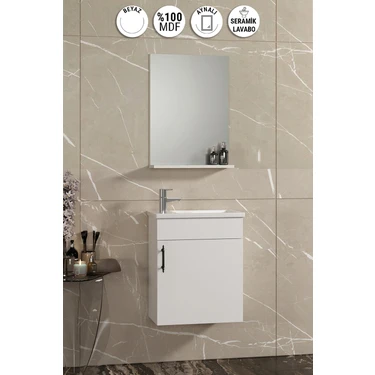 Özceden Lale 42X24 cm Beyaz Mdf Seramik Lavabolu Asma Banyo Dolabı