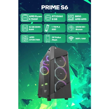 Game Garaj Prime S6 Amd Ryzen 5 7500F 16GB RAM 1TB SSD RTX5060 Freedos Oyuncu OEM
