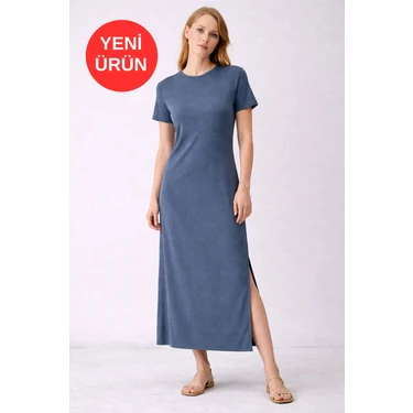 Kadın Bürümcük Kumaş Bisiklet Yaka Kısa Kollu Yırtmaçlı