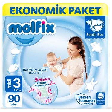 Molfix 3 Beden Bantlı Bebek Bezi 4 - 9 kg 90 Adet Ekstra Yumuşak Midi