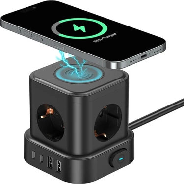 Smayling 4'lü Priz Küp Çoklayıcı 2 USB 2 Type-C 5W Kablosuz Şarjlı 2 Metre Kablolu Akım Korumalı