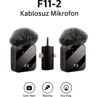 Neffo F11-2 Profesyonel 2 Li Kablosuz Yaka Mikrofonu 3in1 Mikrofon