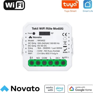 Novato WiFi AC DC Kuru Kontak Akıllı Röle (COM-NO ) Tuya Smart Life Uyumlu - Kombi, Otopark, Yana