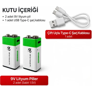 Azurtech 9V Şarj Edilebilir 1.000MAH Lityum Pil Seti – USB Type-C Kablolu  – 2