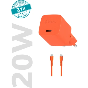 Ttec Smartcharger Gan 20W Pd Seyahat Hızlı Şarj Aleti + Usb-C - Usb-C 3A Kablo Neon Turuncu