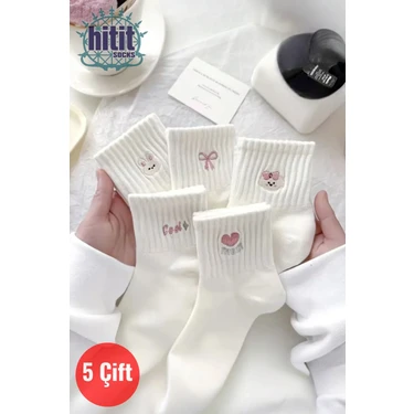 Hitit Socks Kadın 5 Çift Premium Desenli Sevimli Hayvan ve Fiyonklu Kısa Konç Patik Çorap