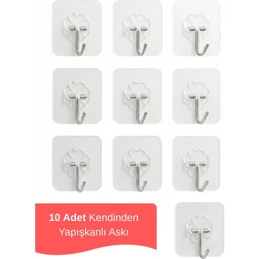 Lataris 10 Adet Kendinden Yapışkanlı Şeffaf Askı Banyo Mutfak Dolap Askısı 6x6