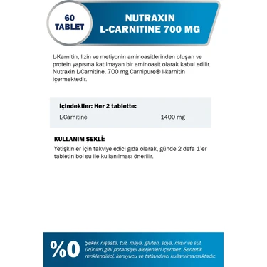 nutraxin l carnitine Nutraxin L-Carnitine 60 Tablet Yüksek Dozda Vegan Dostu Fiyatı