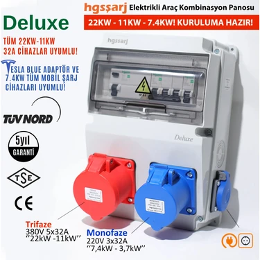 Hgsşarj "Deluxe" 22kW Trifaze 7,4kW Monofaze 5X32A + 3X32A + 1X16A Elektrikli Araç Kombinasyon