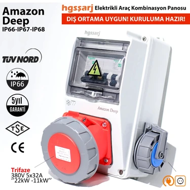 Hgsşarj "Amazon Deep" 22kW Trifaze 5X32A + 1X16A Elektrikli Araç Kombinasyon Kutusu IP66-IP67-IP68