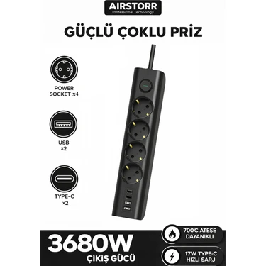 Airstorr Ps1 4’lü Priz 2 USB 2 Type-C Hızlı Şarj 3680W Anahtarlı Güvenli
