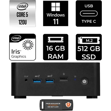 MSI Msı Cubi Nuc Core 5 120U 16GB RAM 512GB SSD Win11 Home 1MG238BEUP352 Mini PC + Per4