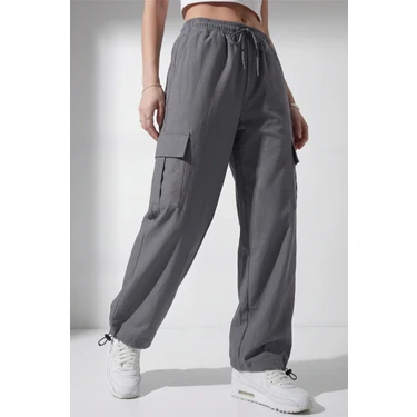 Veleno Kadın Metalik Oversize Paraşüt Kumaş Kargo Cepli, Ayarlanabilir Paça Klipsli, Baggy