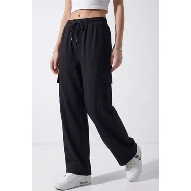 Veleno Kadın Siyah Oversize Paraşüt Kumaş Kargo Cepli, Ayarlanabilir Paça Klipsli, Baggy