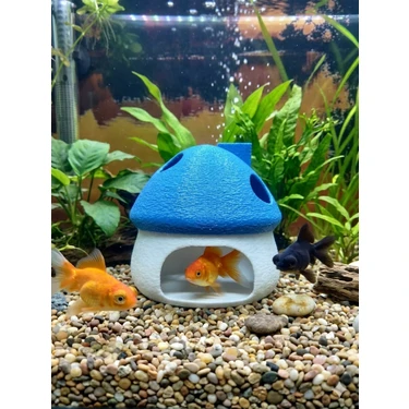 Asi 3D Tasarım 3D Tasarım Mavi Beyaz Mantar Ev - Akvaryum Içi Estetik Dekorasyon (8x8 Cm) Suya