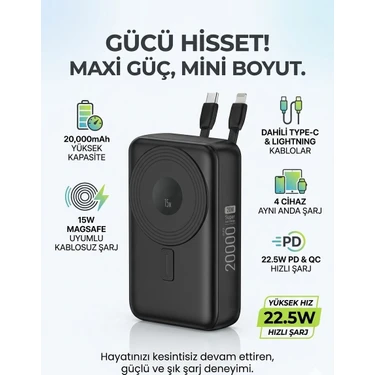 Matechno 20.000 Mah Standlı Powerbank Dahili Type-C & Lightning Kablolu, 15W Kablosuz Magsafe Şarj